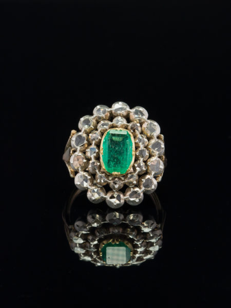 GEORGIAN NATURAL COLOMBIAN EMERALD AND DIAMOND CLUSTER RING FOR GLOVES WITH CERTIFICATE