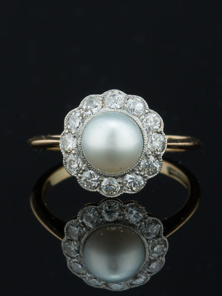 Art Deco Certified Natural Pearl and Diamond Gold Signed Cluster Ring