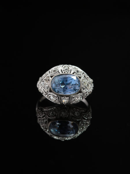 Art Deco Natural Colour Change Ceylon Sapphire and Diamond Cluster Ring