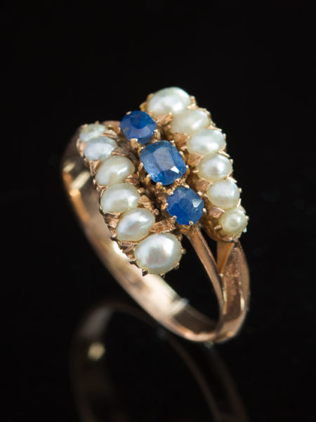 Antique Victorian Natural Ceylon Sapphire And Natural Saltwater Pearl Love Ring
