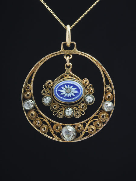 Georgian Rare Diamond Cannetille And Wedgwood Flower Cameo Romantic Pendant