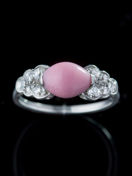 GENUINE RARE EDWARDIAN NATURAL PINK CONCH PEARL AND DIAMOND PLATINUM RING
