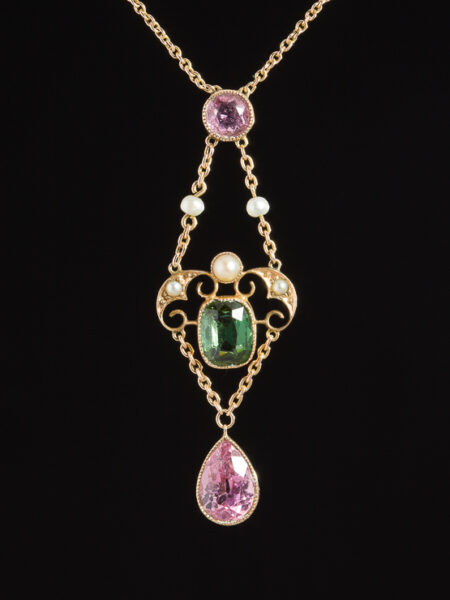 Antique Edwardian 4.14 Ct Tourmaline and Pearl Gold Pendant Necklace