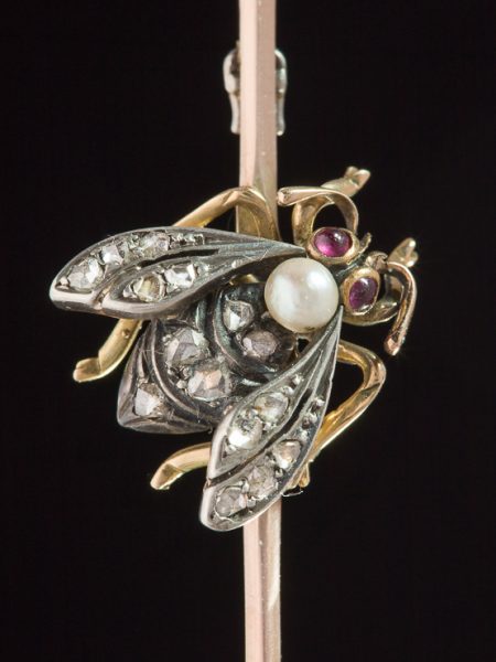Antique Victorian Pearl Garnet Diamond Bee Insect Animal Fauna Novelty Brooch