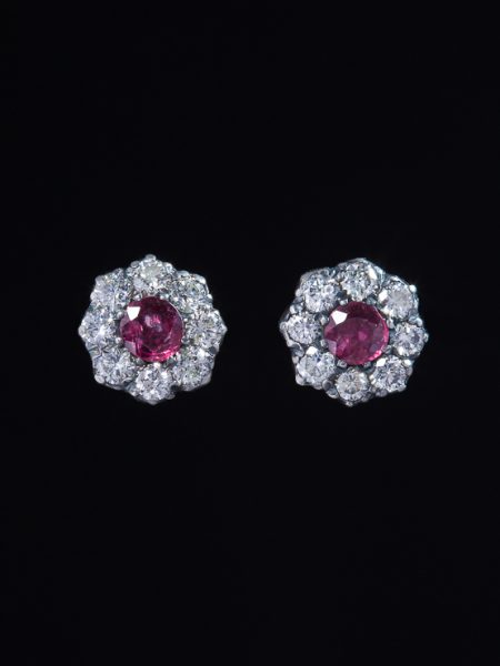 Art Deco Timeless Natural Ruby And Diamond Cluster Stud Earrings