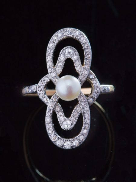 Antique Edwardian Saltwater Pearl And Diamond Infinity Eternal Engagement Ring