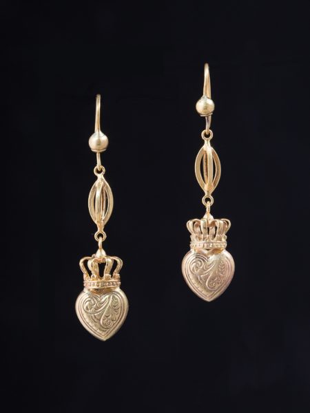 Aantique Victorian Romantic Crowned Heart Gold Drop Earrings