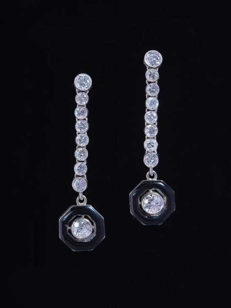 Art Deco 1.74 Ct Diamond Black Enamel And Platinum Sophisticated Drop Earrings