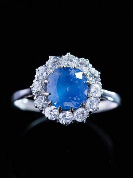 (reserved) Vintage Natural No Heat Ceylon Sapphire And Diamond Platinum Cluster Ring Cert