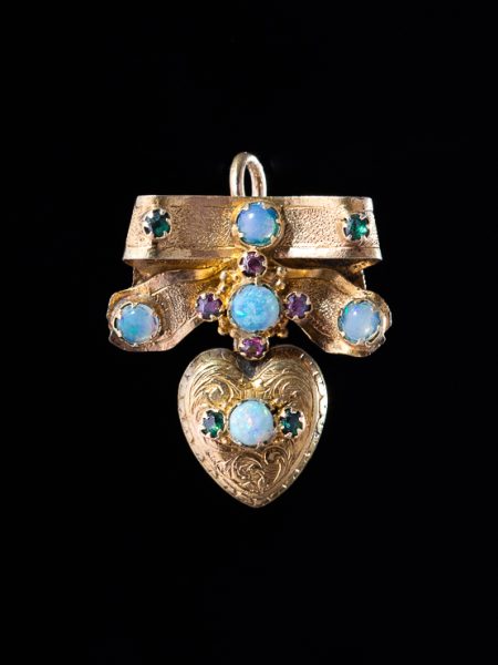 Antique Victorian Sentimental Opal Emerald And Garnet Heart Locket Pendant