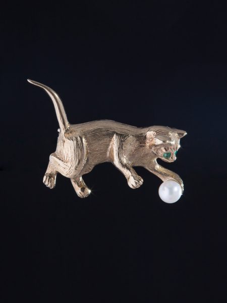 Vintage Natural Emerald And Saltwater Pearl Cat Animal Brooch