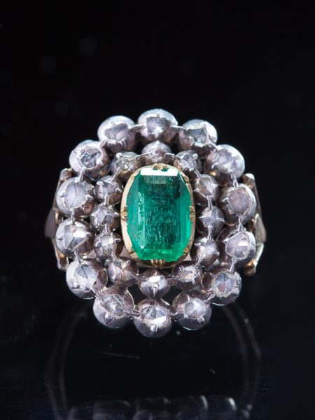 Georgian Natural Colombian Emerald and Diamond Cluster Ring
