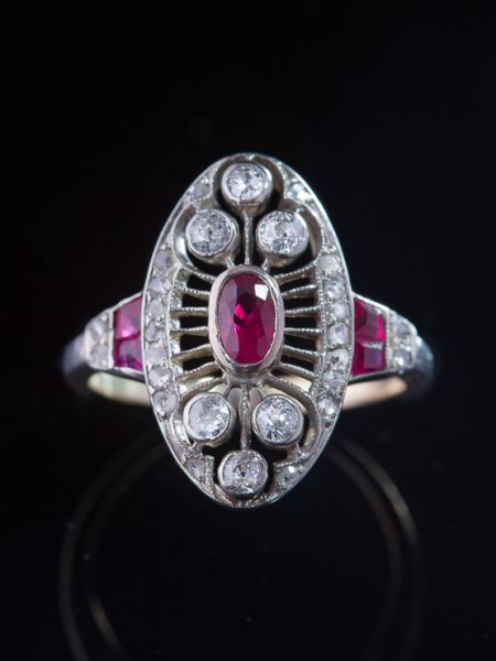 Edwardian Natural Ruby and Diamond Romantic Halo Cluster Filigree Ring