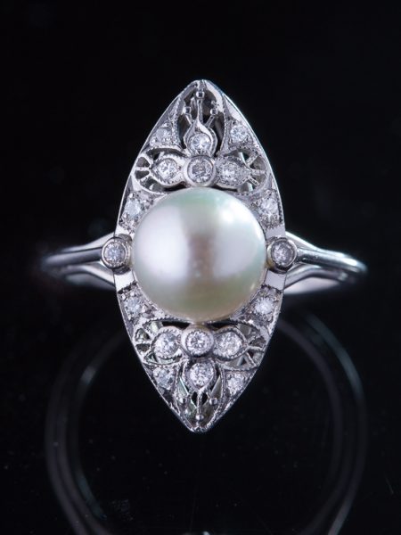 Vintage Feminine Saltwater Pearl And Diamond Navette Flower Ring