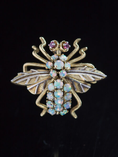 Vintage Natural Opal And Ruby Insect Bee Wasp Brooch