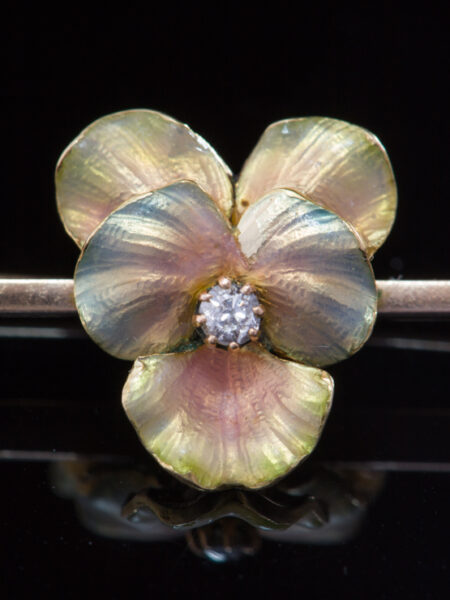 Antique Art Nouveau Diamond And Iridescent Enamel Pansy Brooch