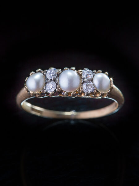 (Reserved) Antique Victorian Saltwater Pearl And Diamond Classic Three Stone Ring