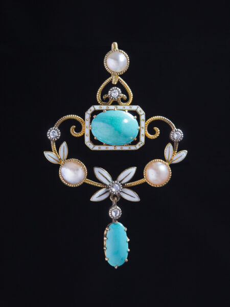 Victorian Natural Turquoise Pearl And Diamond Romantic Flower Enamel Pendant