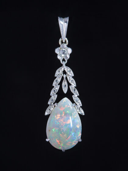 Vintage natural opal and diamond in 18 carat white gold in drop shape