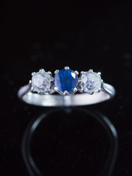 Art Deco Natural Sapphire And Diamond Platinum Trilogy Three Stone Ring