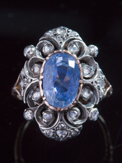 Victorian natural sapphire and diamond statement ring in high carat yellow gold and silver
