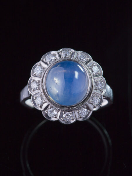 Vintage ethereal Blue Star Sapphire and Diamond cluster ring
