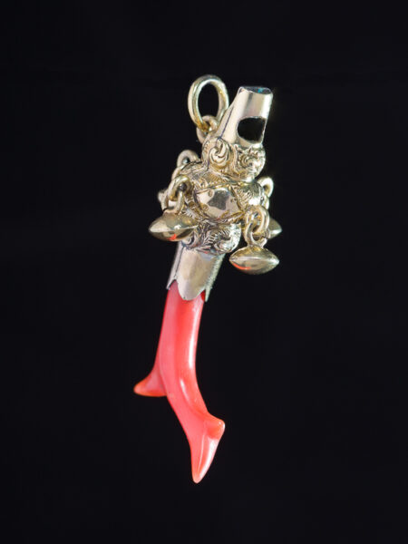 Victorian Natural Coral And Gold Baby Rattle And Whistle Pendant