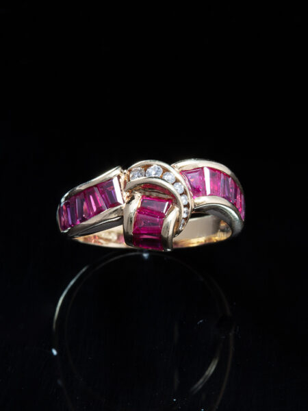 Vintage Retro Ribbon Belt Ruby and Diamond Gold Ring